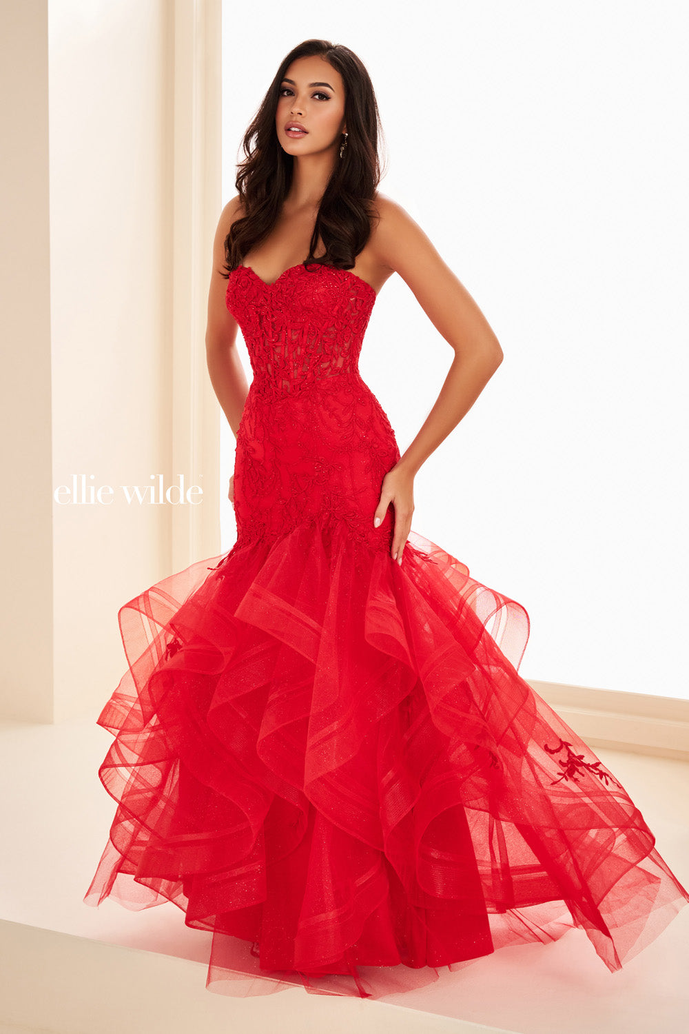 Ellie Wilde EW37112 red mermaid dress with ruffled tulle skirt prom dress images.