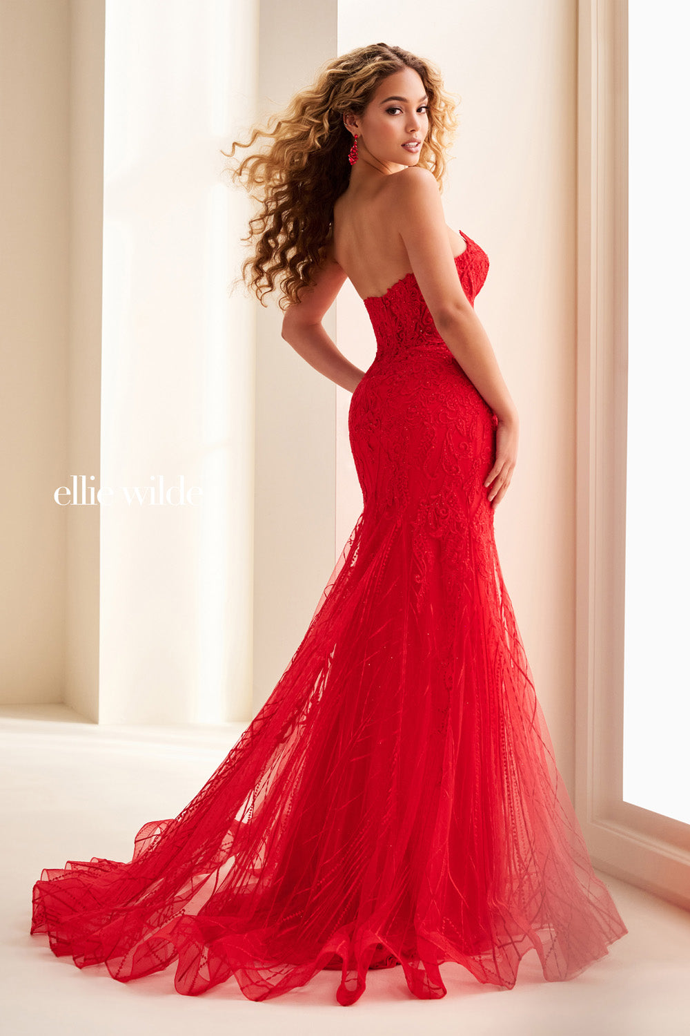 Ellie Wilde EW37114 red, fitted silhouette, lace detailing prom dress images.