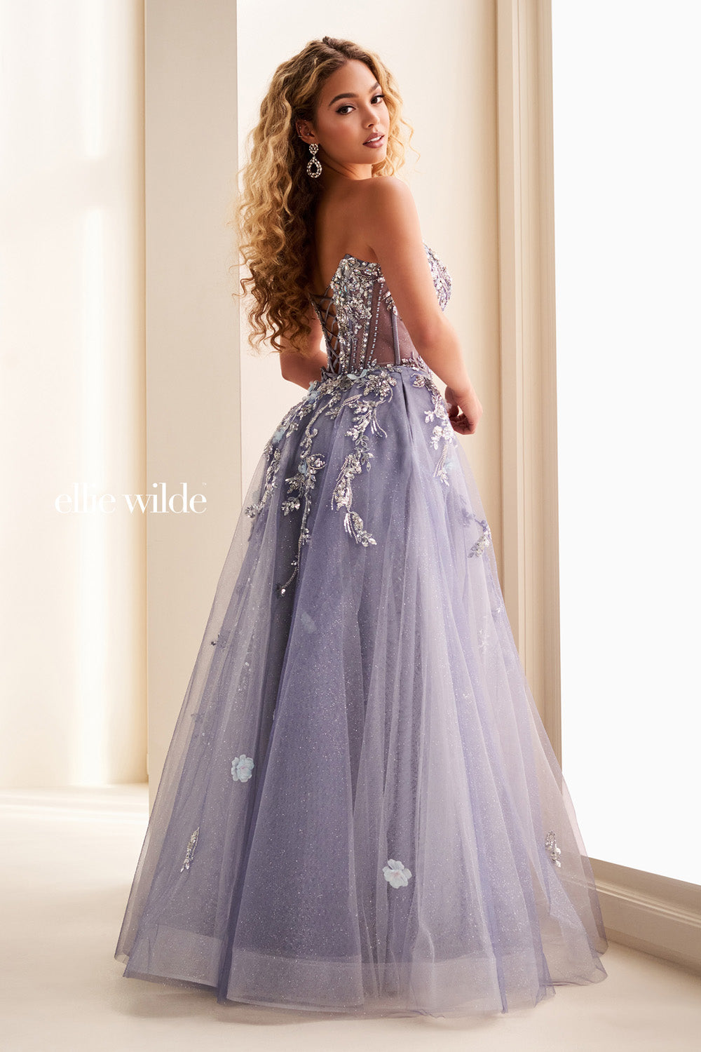 Ellie Wilde EW37119 lavender ball gown with intricate floral embellishments prom dress images.