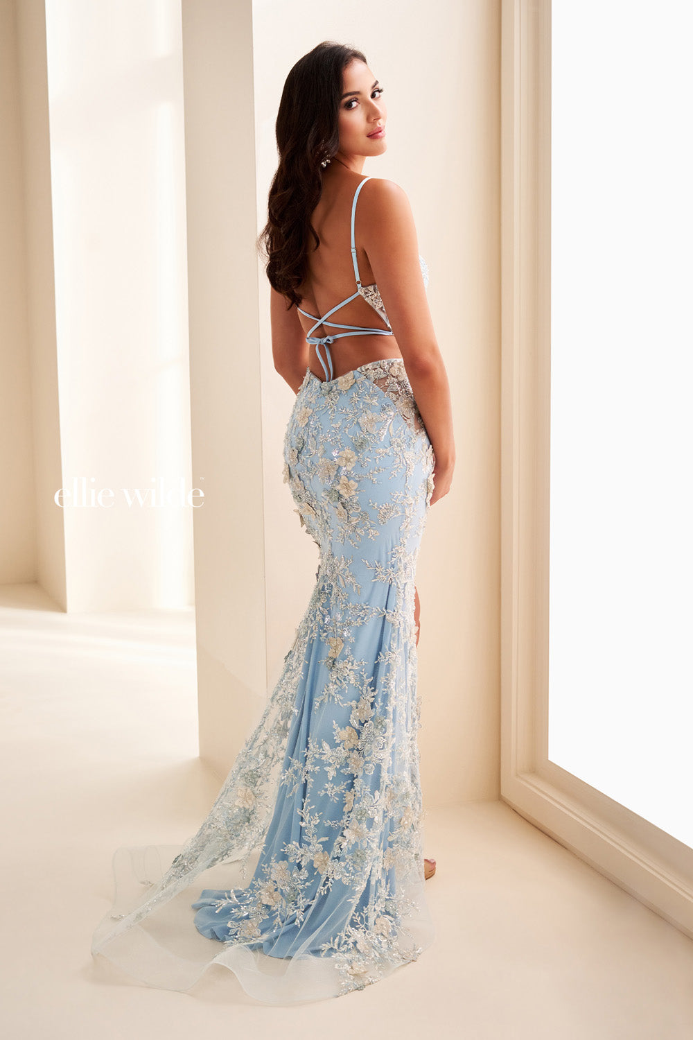 Ellie Wilde EW37125 light blue, fitted silhouette, intricate floral embroidery prom dress images.