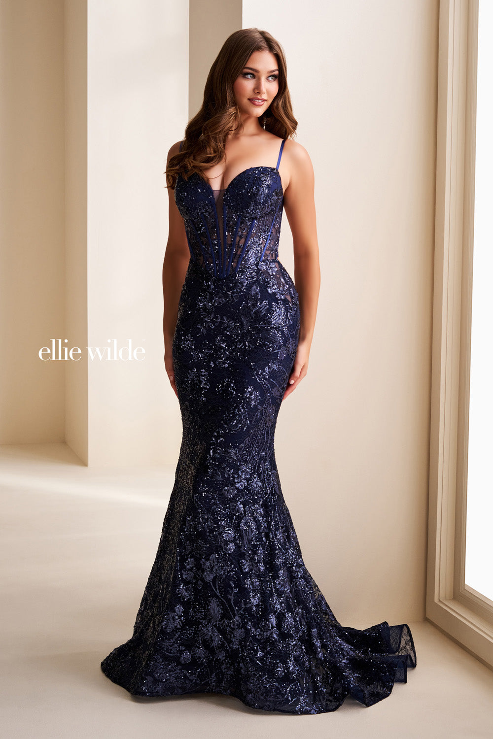 Ellie Wilde EW37127 navy blue, mermaid silhouette, embellished bodice prom dress images.