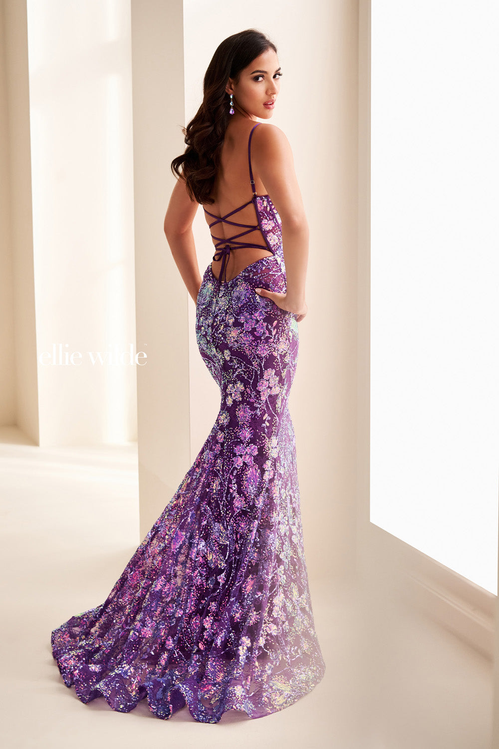 Ellie Wilde EW37127 purple mermaid dress with a lace up back prom dress images.
