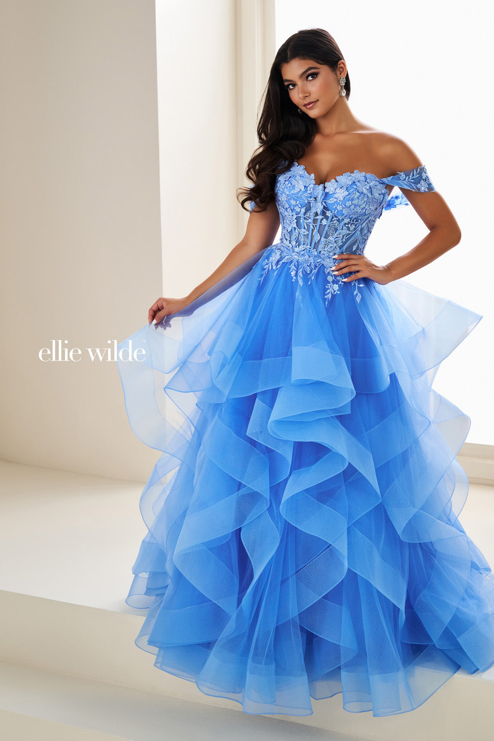 Ellie Wilde EW37201 light blue, off the shoulder, ruffled ball gown prom dress images.