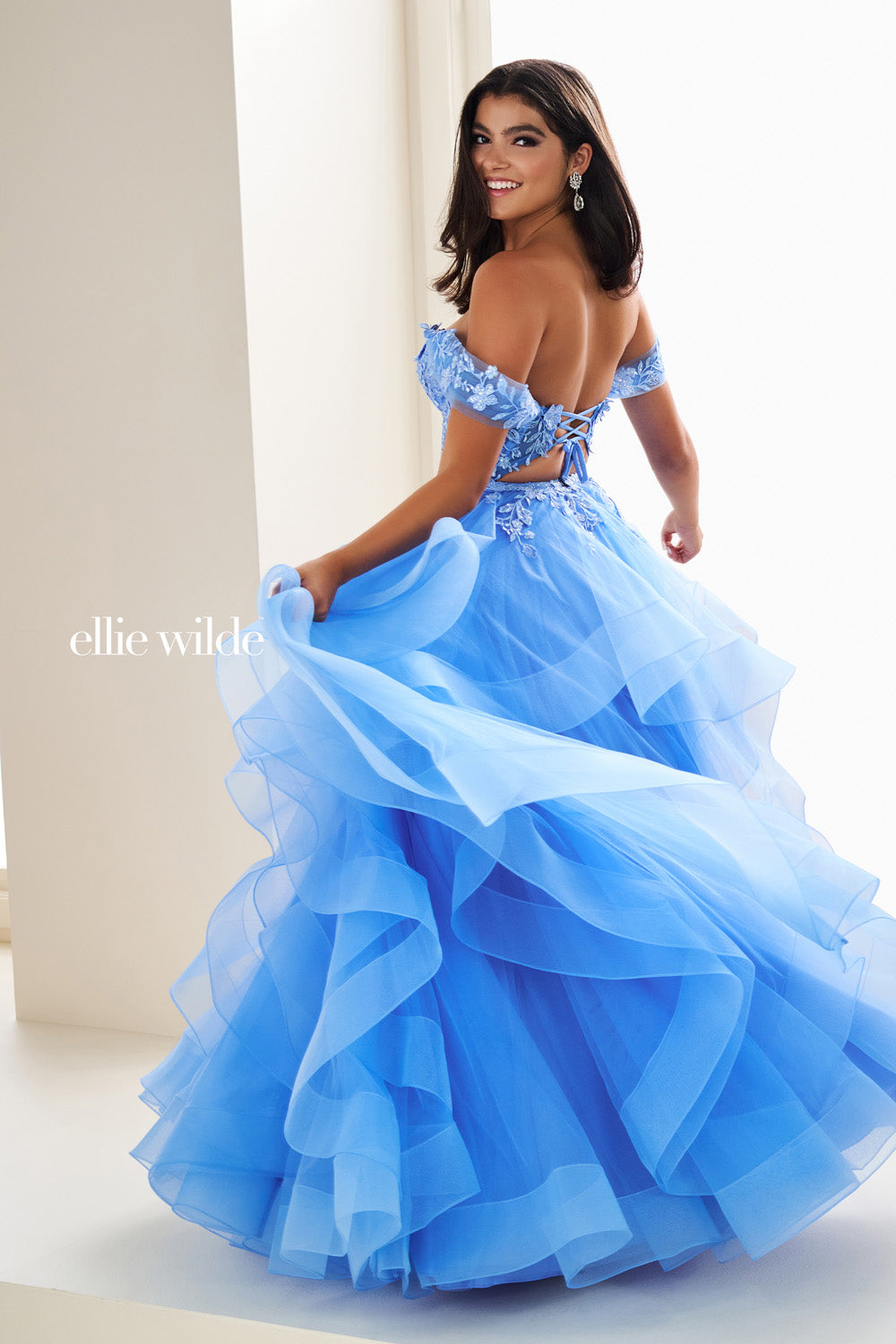 Ellie Wilde EW37201 light blue, off the shoulder, ruffled ball gown prom dress images.