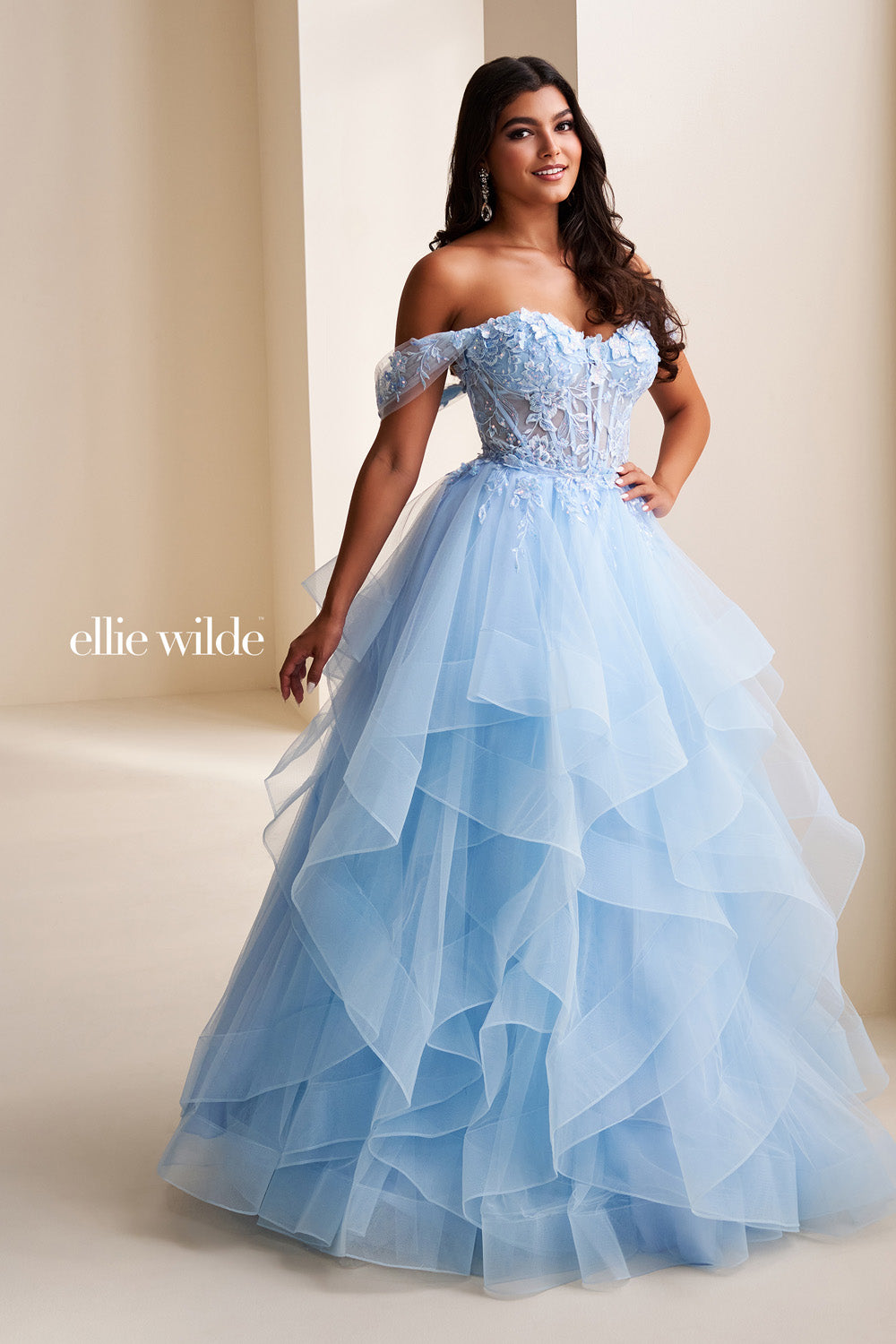 Ellie Wilde EW37201 light blue, off the shoulder, layered tulle skirt prom dress images.