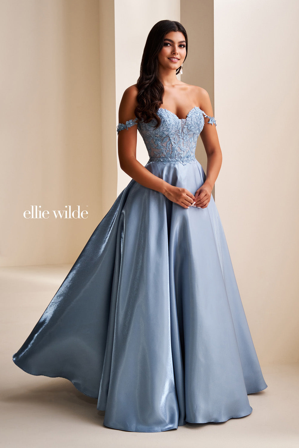 Ellie Wilde EW37202 light blue, off the shoulder, fitted bodice with flowing skirt prom dress images.