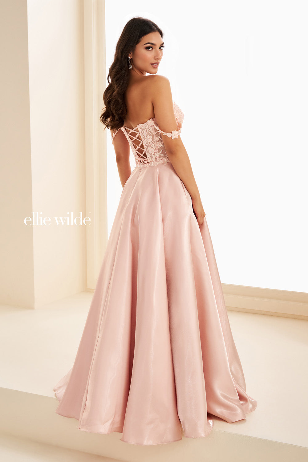 Ellie Wilde EW37202 pink, ball gown silhouette, lace up back detail prom dress images.