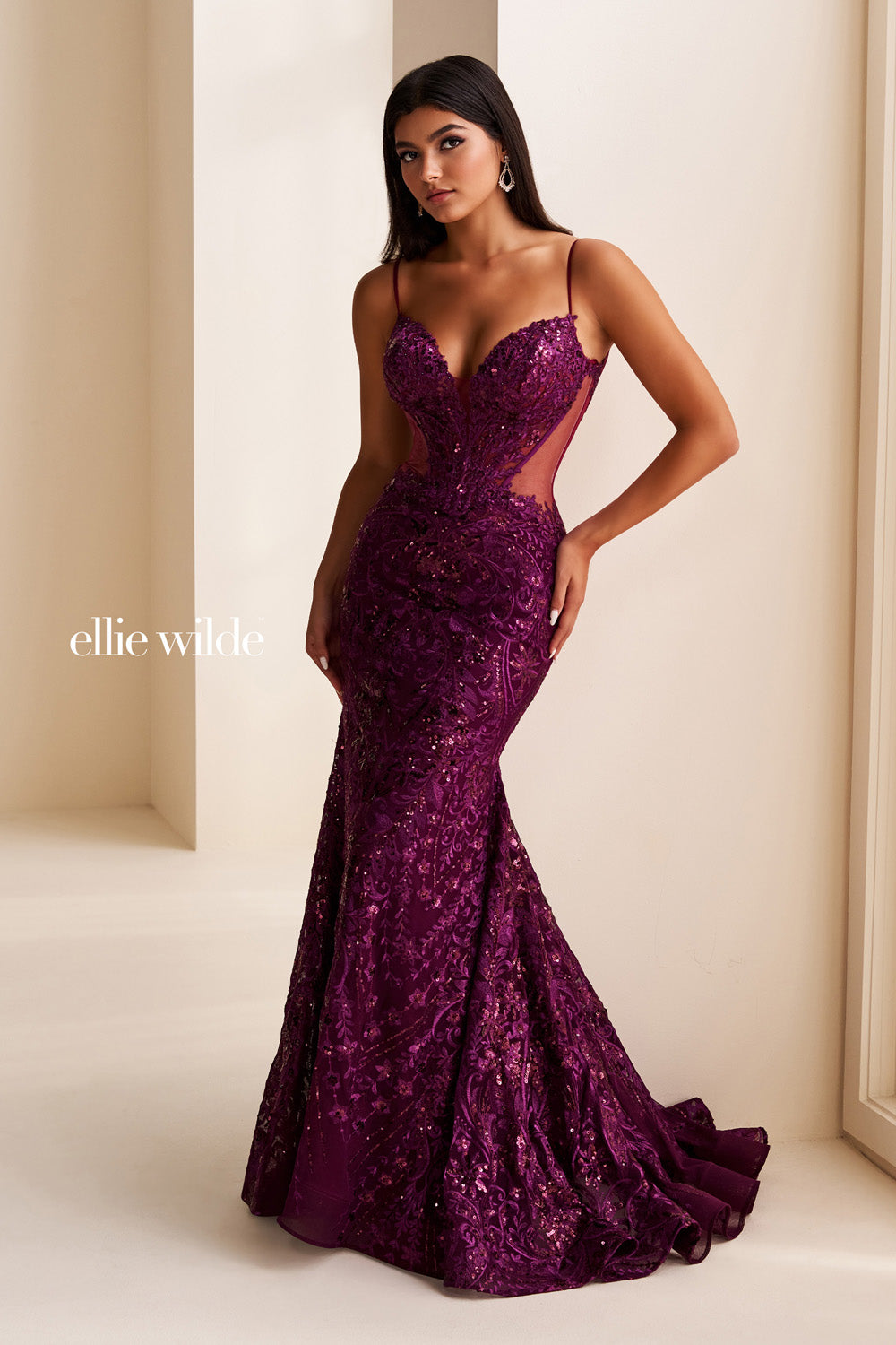Ellie Wilde EW37204 purple, fitted silhouette, embellished with intricate details prom dress images.