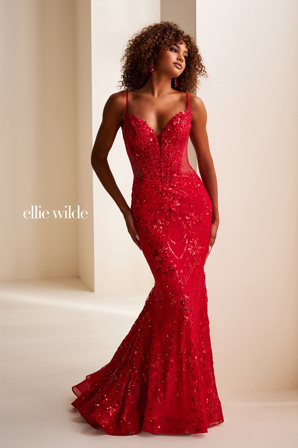 Ellie Wilde EW37204 red, fitted silhouette, embellished with sequins prom dress images.