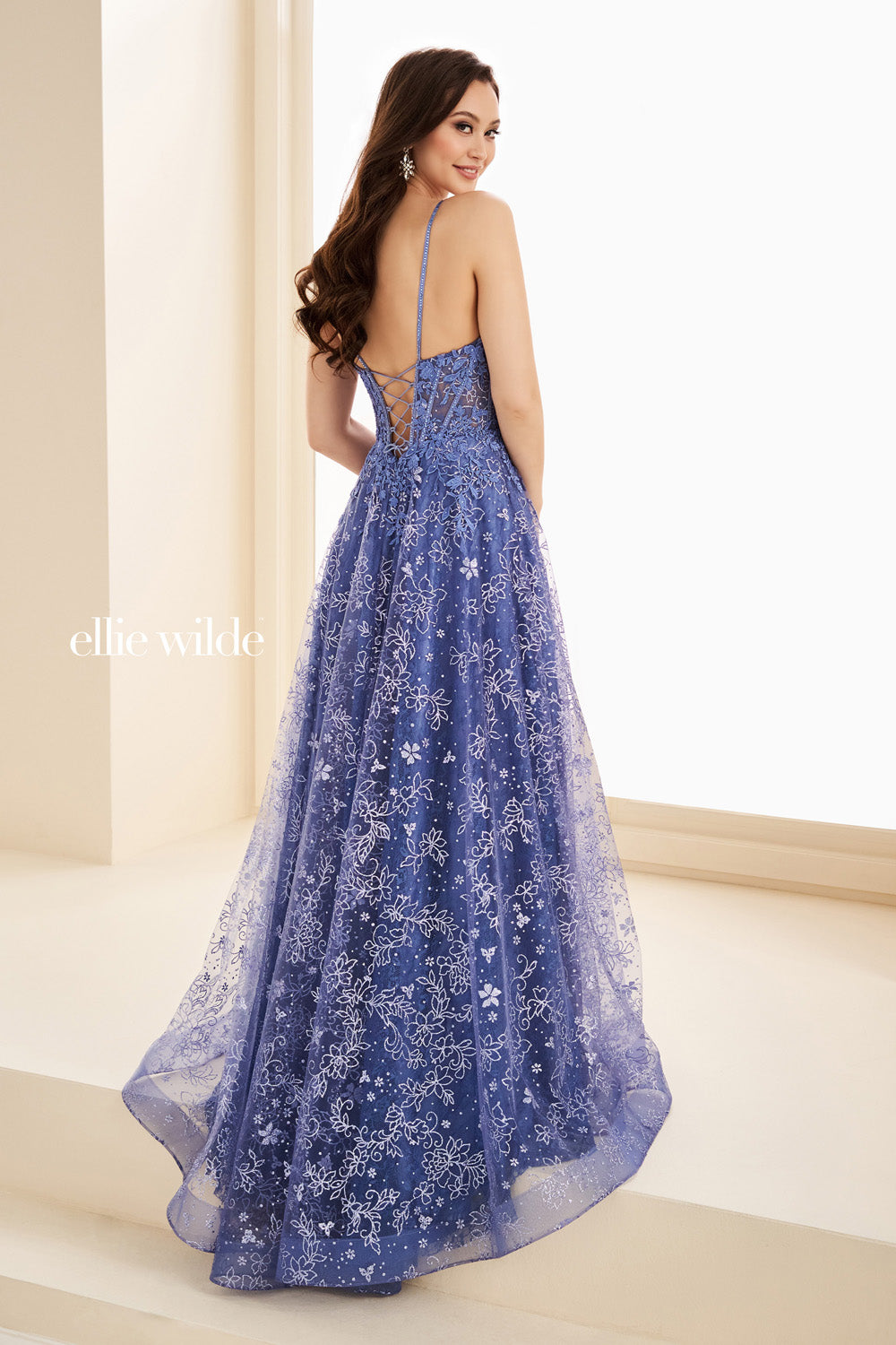 Ellie Wilde EW37206 lavender, a line silhouette, intricate floral embroidery prom dress images.