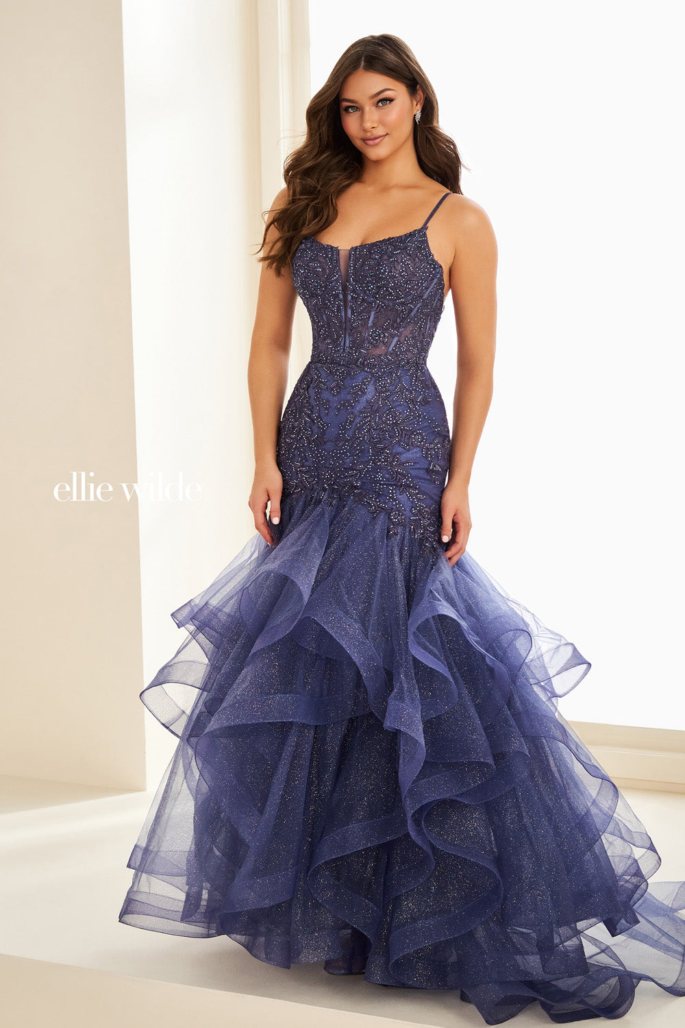 Ellie Wilde EW37207 navy blue, mermaid silhouette, layered ruffle skirt prom dress images.