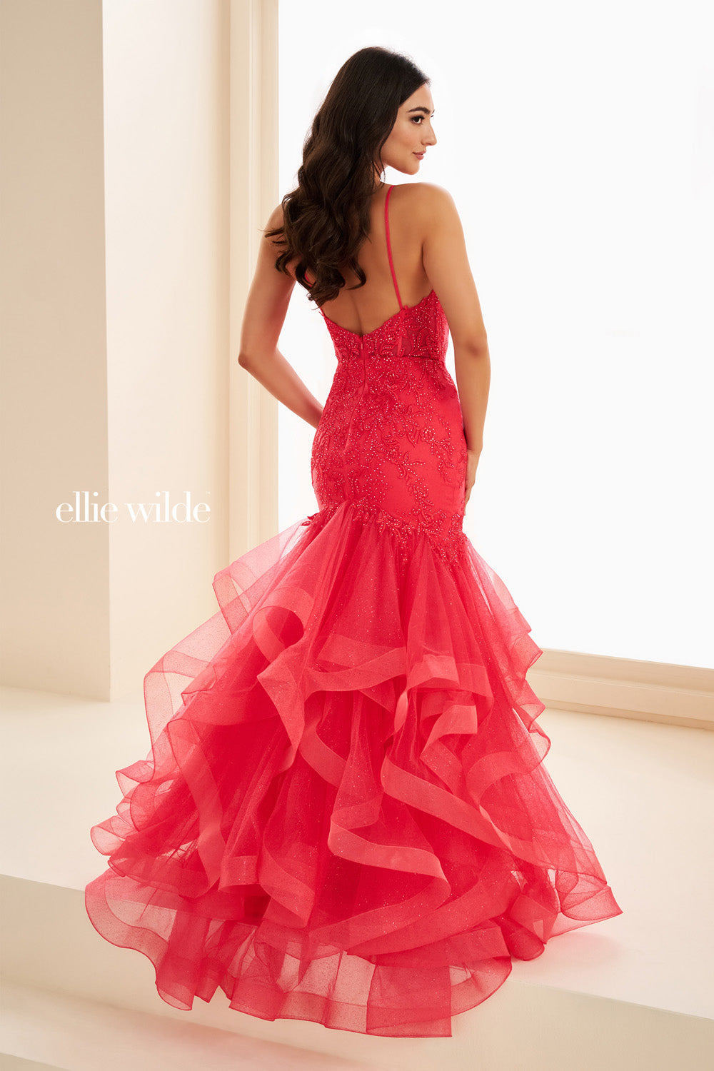 Ellie Wilde EW37207 red mermaid dress with ruffled tulle skirt prom dress images.