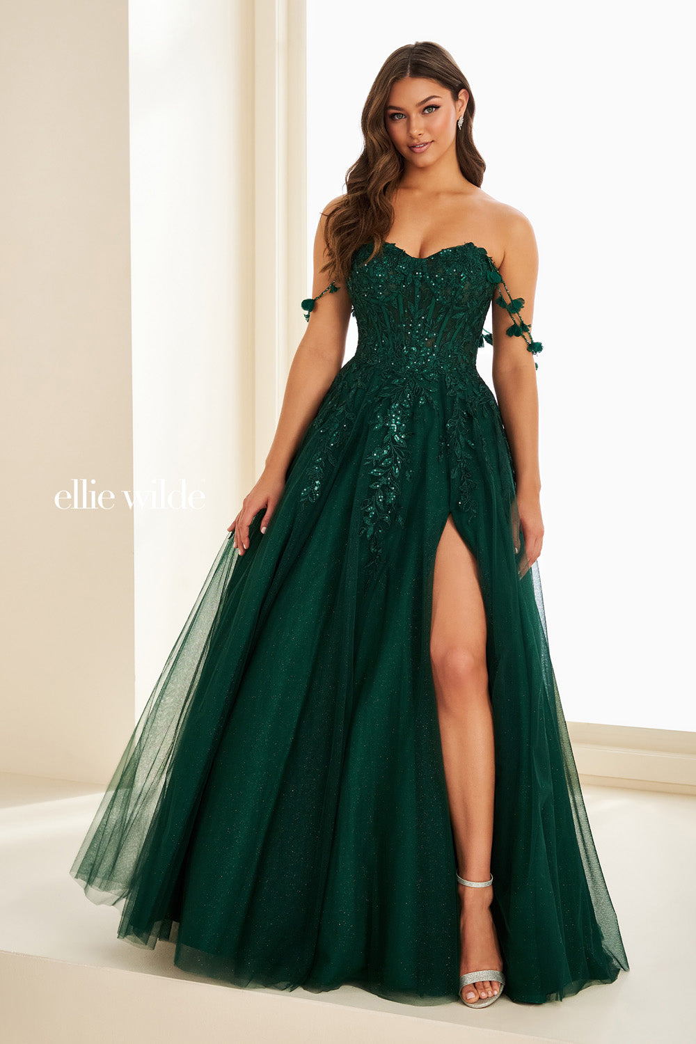Ellie Wilde EW37208 emerald green, ball gown silhouette, thigh high slit prom dress images.