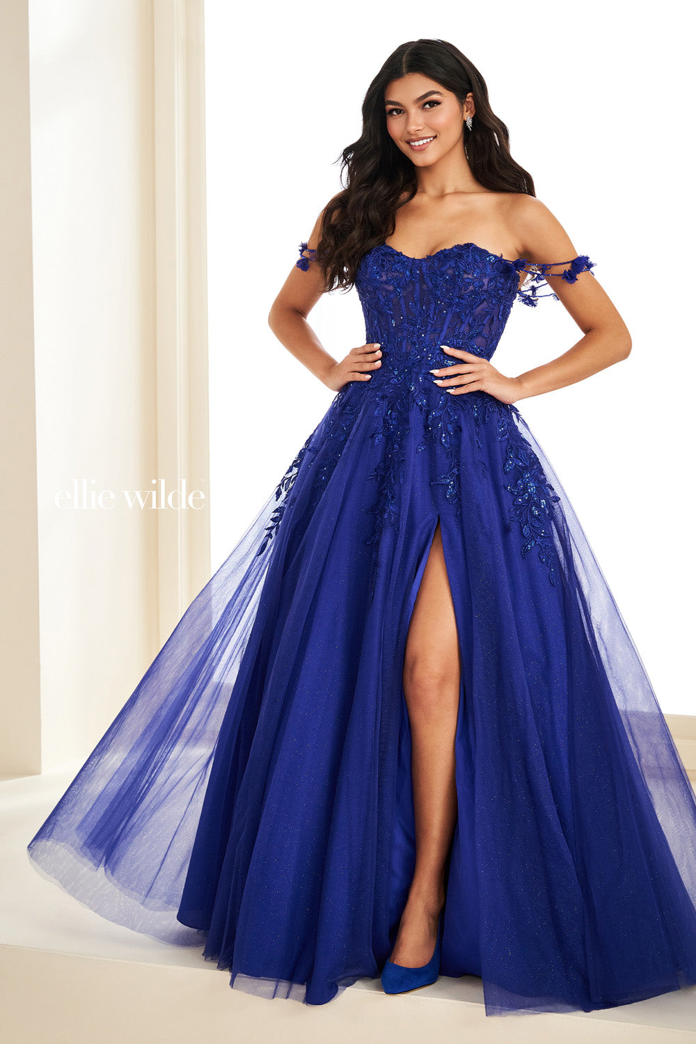 Ellie Wilde EW37208 royal blue, ball gown silhouette, thigh high slit prom dress images.
