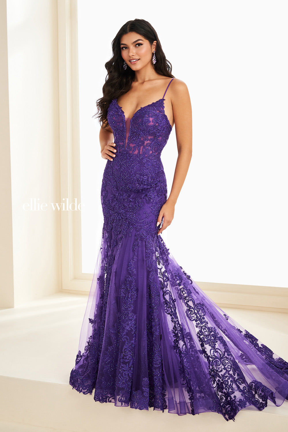 Ellie Wilde EW37209 purple mermaid dress with intricate lace detailing prom dress images.