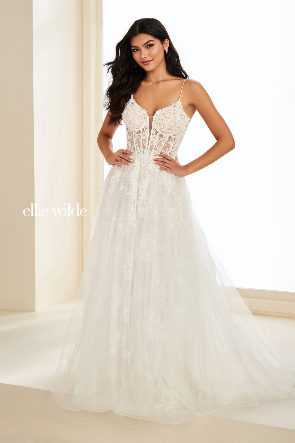 Ellie Wilde EW37210 white, a line silhouette, sheer lace bodice prom dress images.