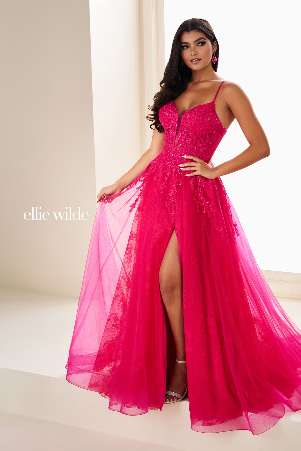 Ellie Wilde EW37210 hot pink, a line silhouette, thigh high slit prom dress images.