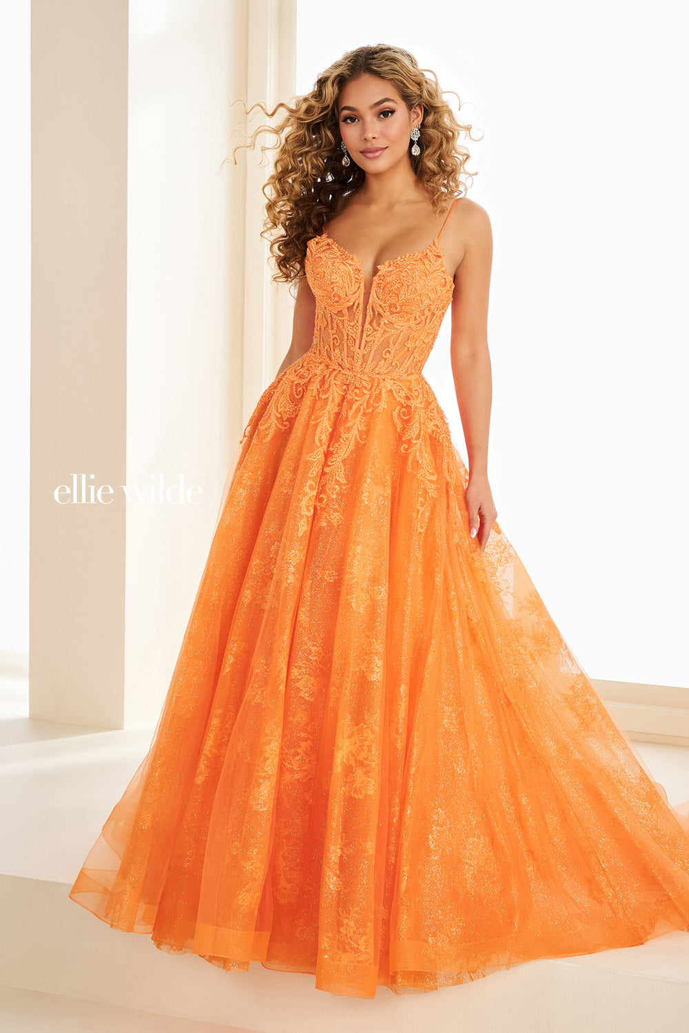 Ellie Wilde EW37210 orange, a line silhouette, embellished bodice prom dress images.