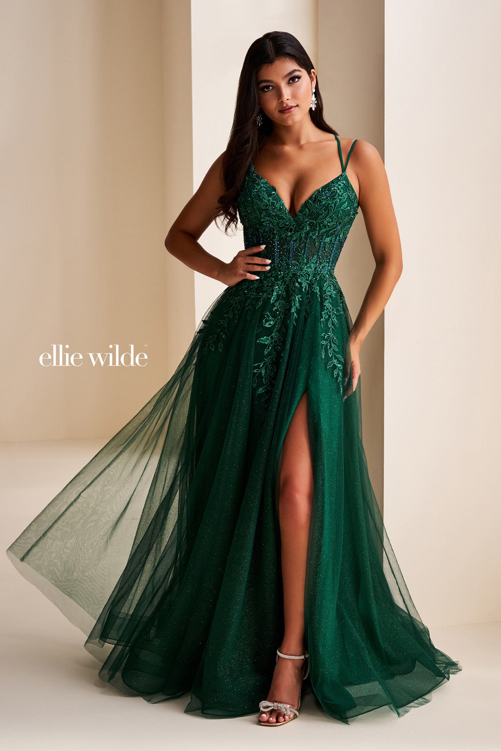 Ellie Wilde EW37212 emerald green, a line silhouette, thigh high slit prom dress images.