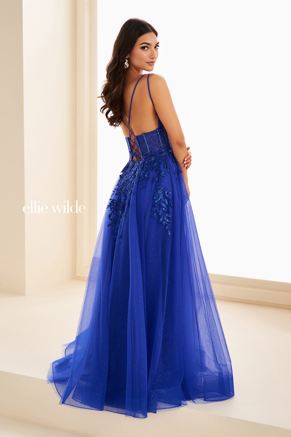 Ellie Wilde EW37212 royal blue, a line silhouette, embellished back detail prom dress images.