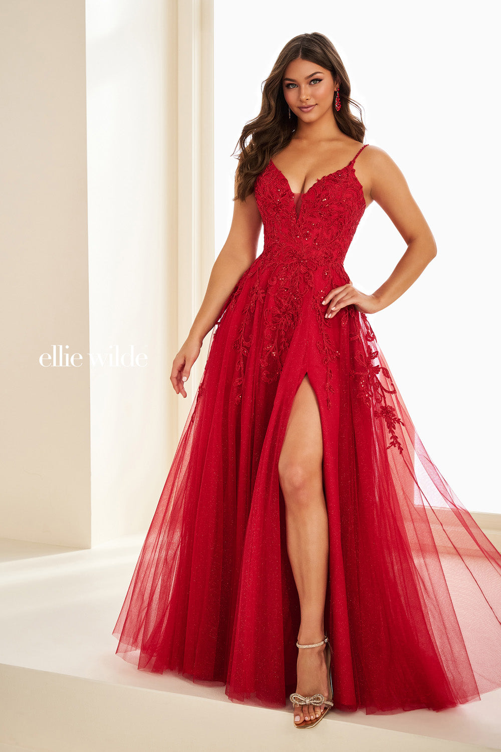 Ellie Wilde EW37214 red, a line silhouette, embellished bodice with slit prom dress images.