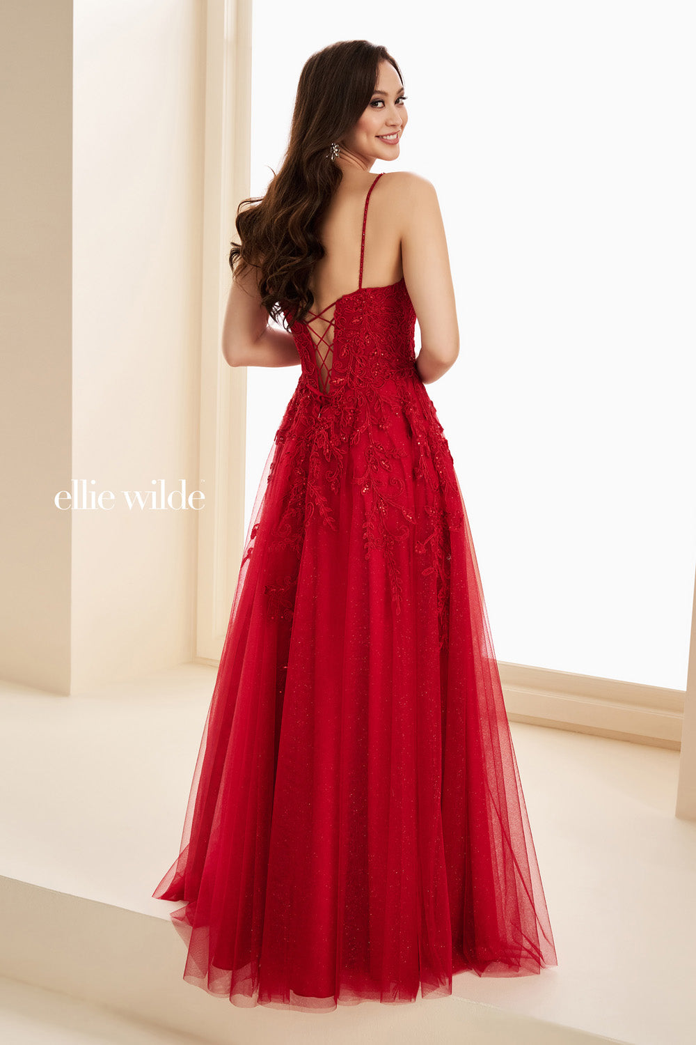 Ellie Wilde EW37214 red, a line silhouette, lace up back detail prom dress images.