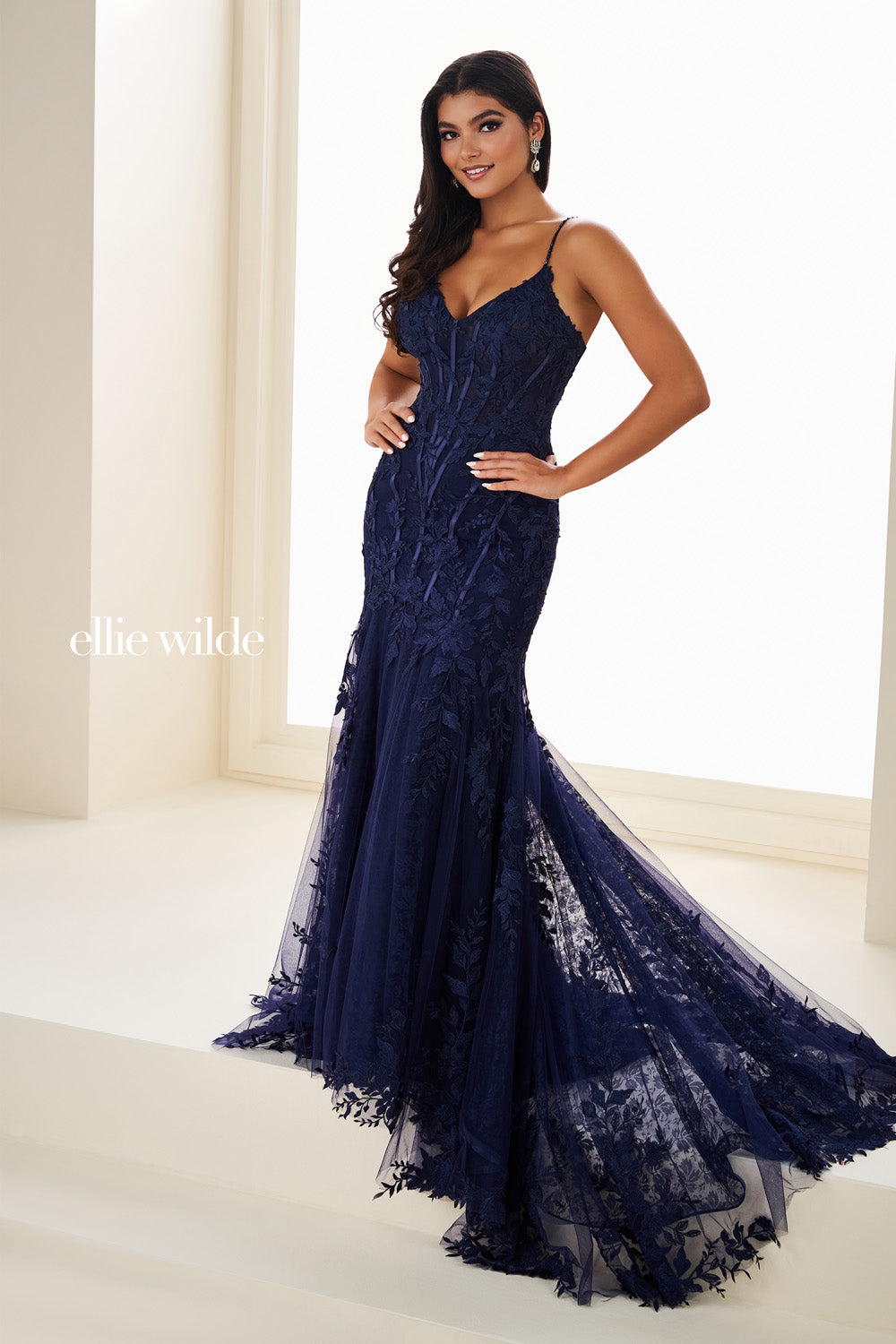 Ellie Wilde EW37216 navy blue, fitted silhouette, lace detailing prom dress images.