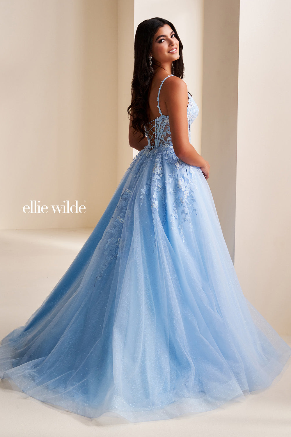 Ellie Wilde EW37218 light blue, ball gown silhouette, lace detailing prom dress images.