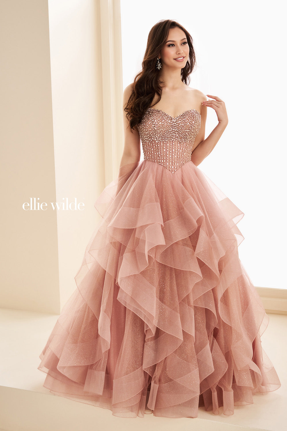 Ellie Wilde EW37221 blush pink, strapless, layered ruffle skirt prom dress images.