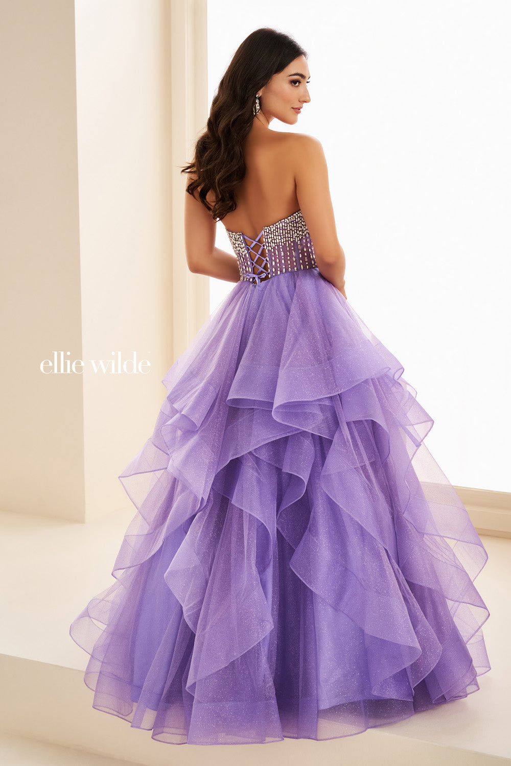 Ellie Wilde EW37221 lavender, strapless, layered tulle skirt prom dress images.