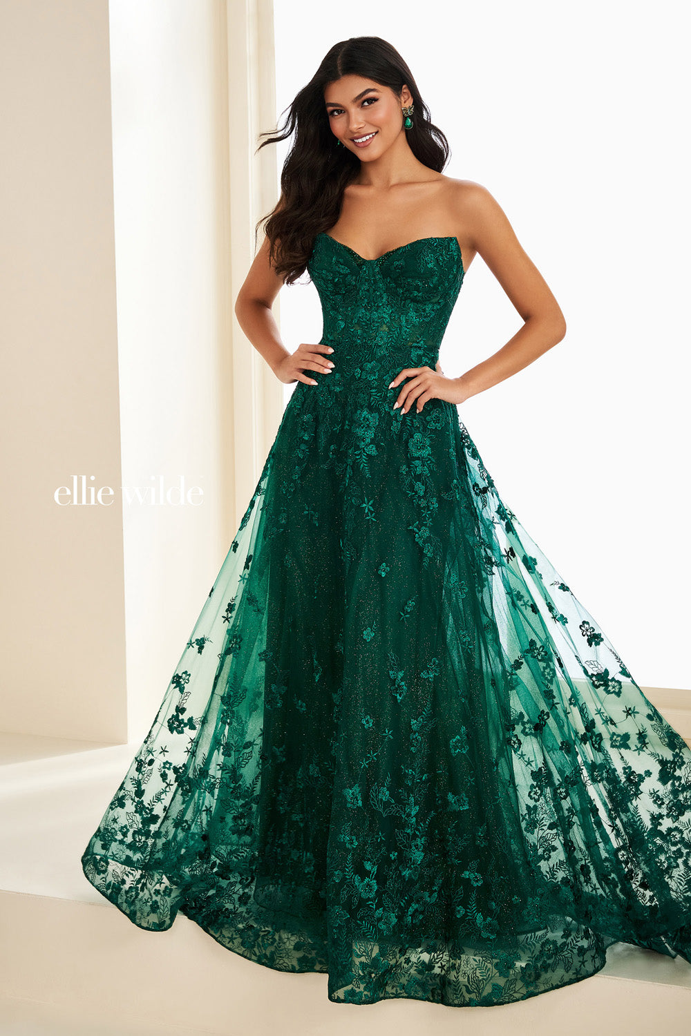 Ellie Wilde EW37225 emerald green, strapless, floral lace overlay prom dress images.