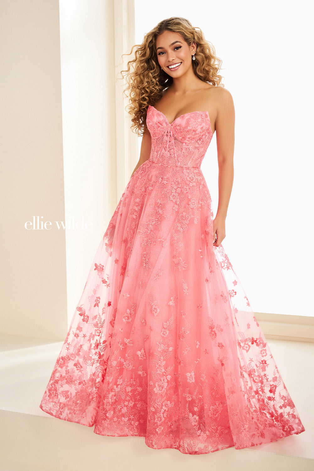 Ellie Wilde EW37225 pink, a line silhouette, floral embroidered overlay prom dress images.