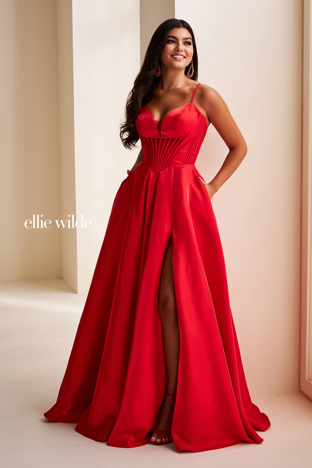 Ellie Wilde EW37226 red, a line silhouette, thigh high slit prom dress images.