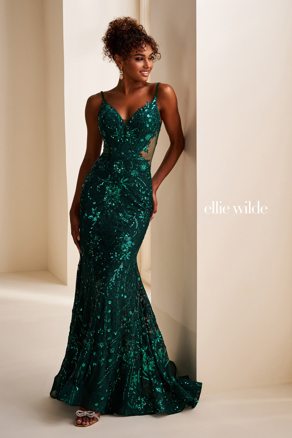 Ellie Wilde EW37227 emerald green, fitted silhouette, embellished with sequins prom dress images.