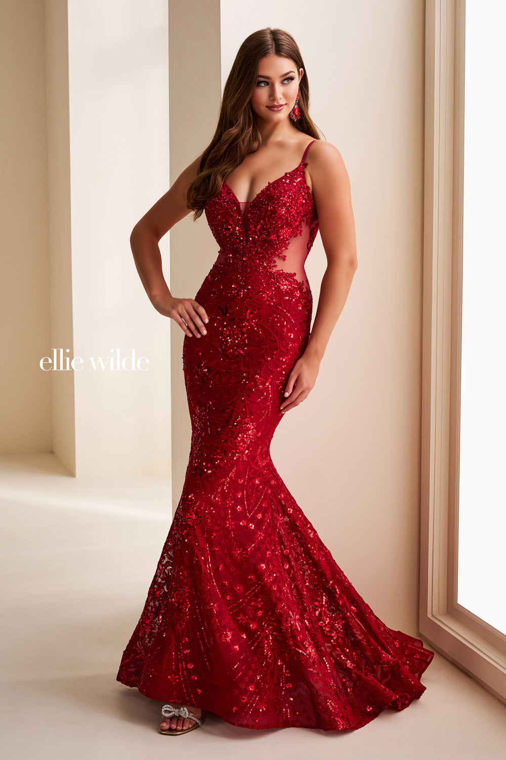 Ellie Wilde EW37227 red, fitted silhouette, embellished with intricate beading prom dress images.