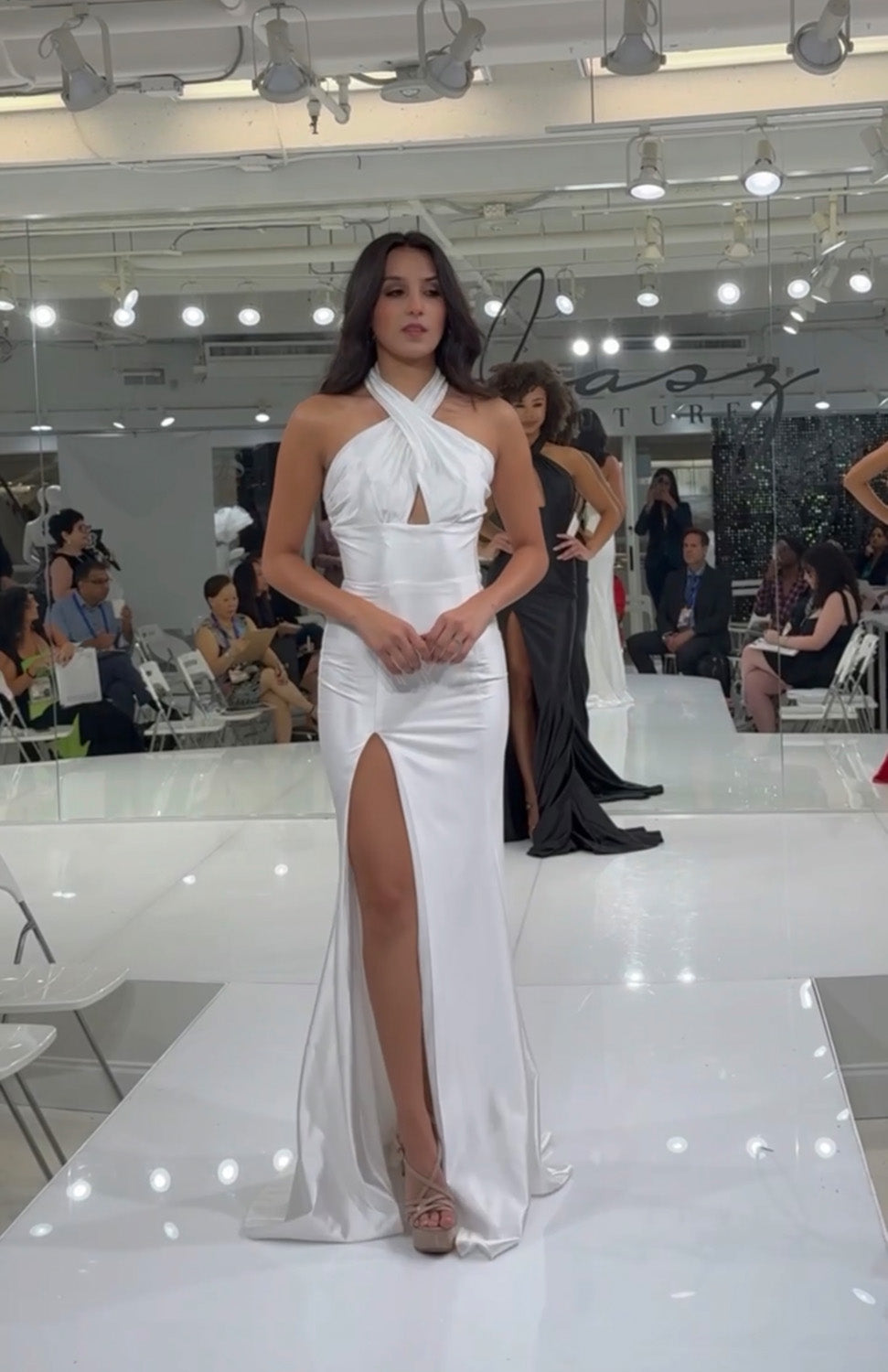 Jasz Couture 7904 White fitted prom dress with a high slit and halter neckline, front view.