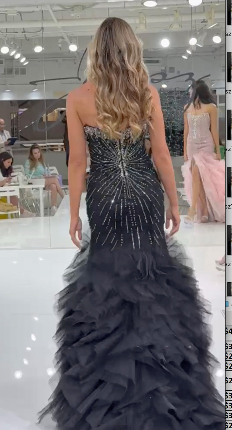 Jasz Couture 7905 Black gunmetal mermaid prom dress with intricate beading, back view.