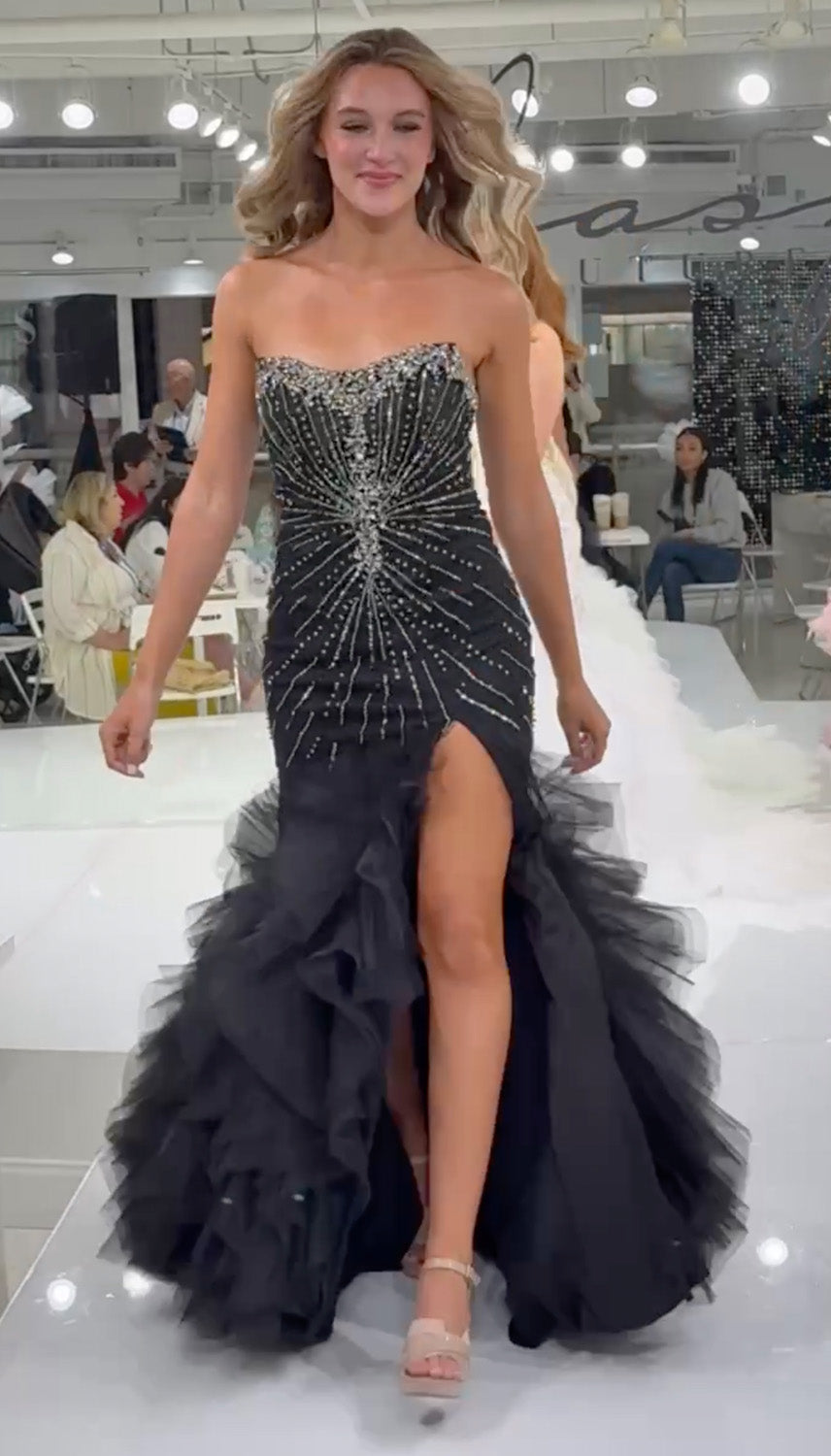 Jasz Couture 7905 Black gunmetal prom dress with a fitted silhouette and dramatic side slit.