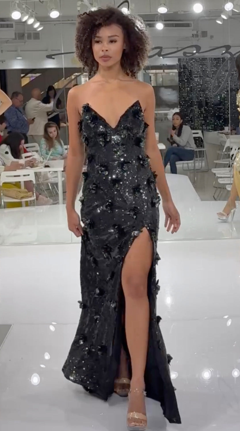 Jasz Couture 7908 Black fitted prom dress with a thigh-high slit and shimmering sequins.