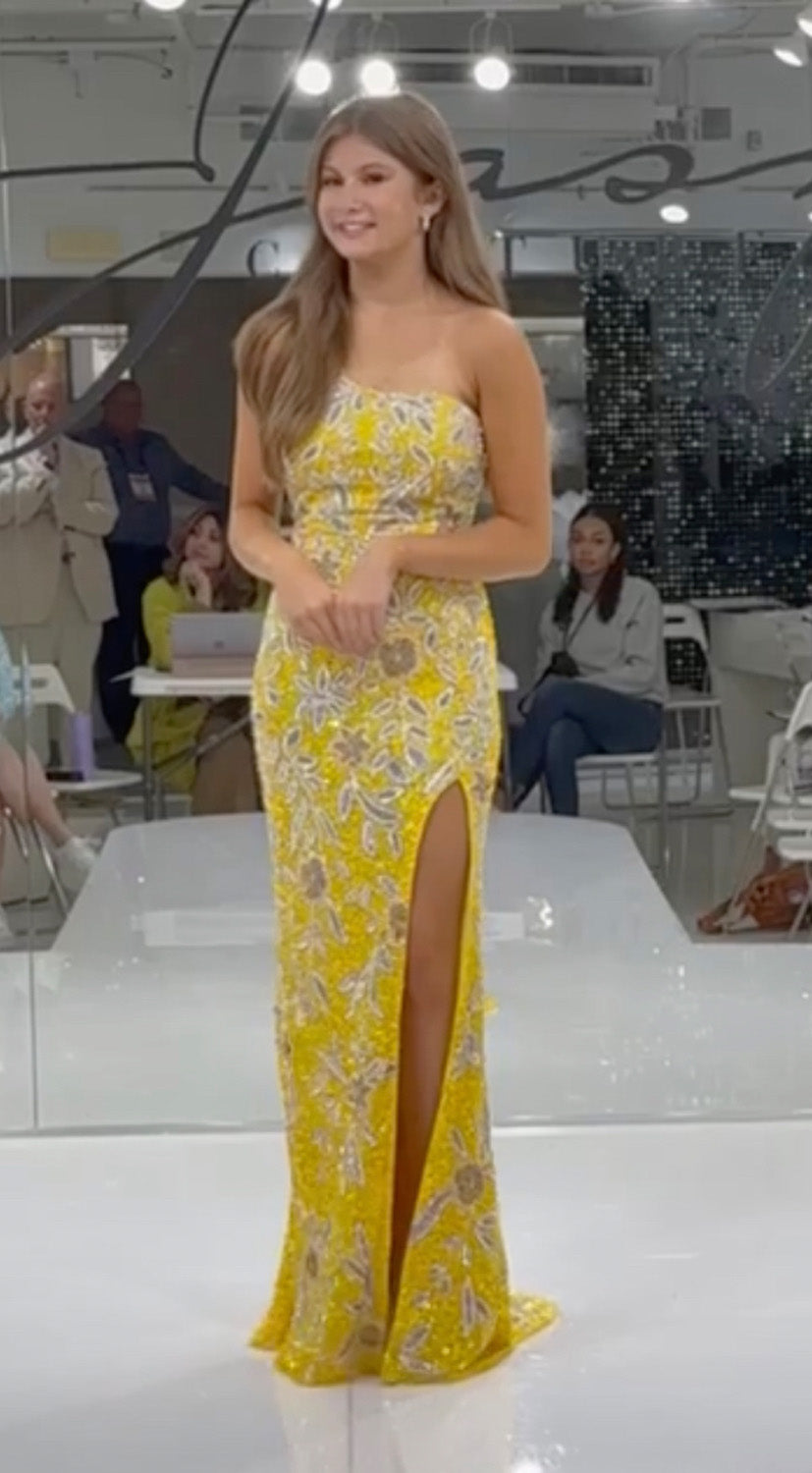 Jasz Couture 7928 Yellow fitted prom dress with a high slit and intricate beading, front view.
