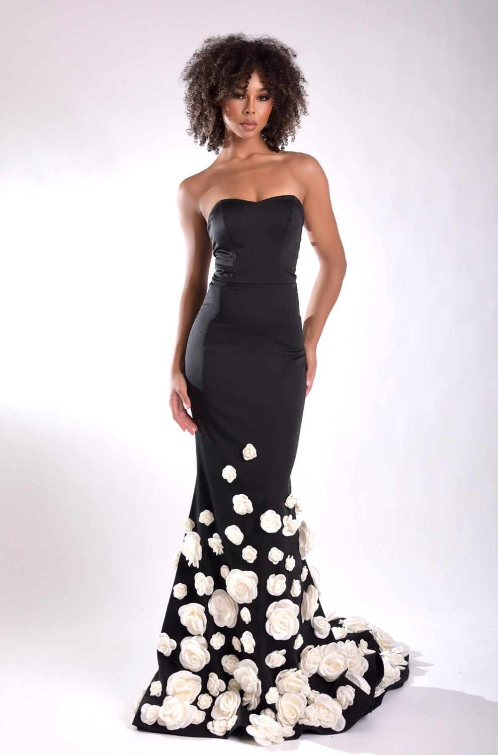 Jasz Couture 7945 Black mermaid prom dress with floral appliqués and sweetheart neckline, front view.