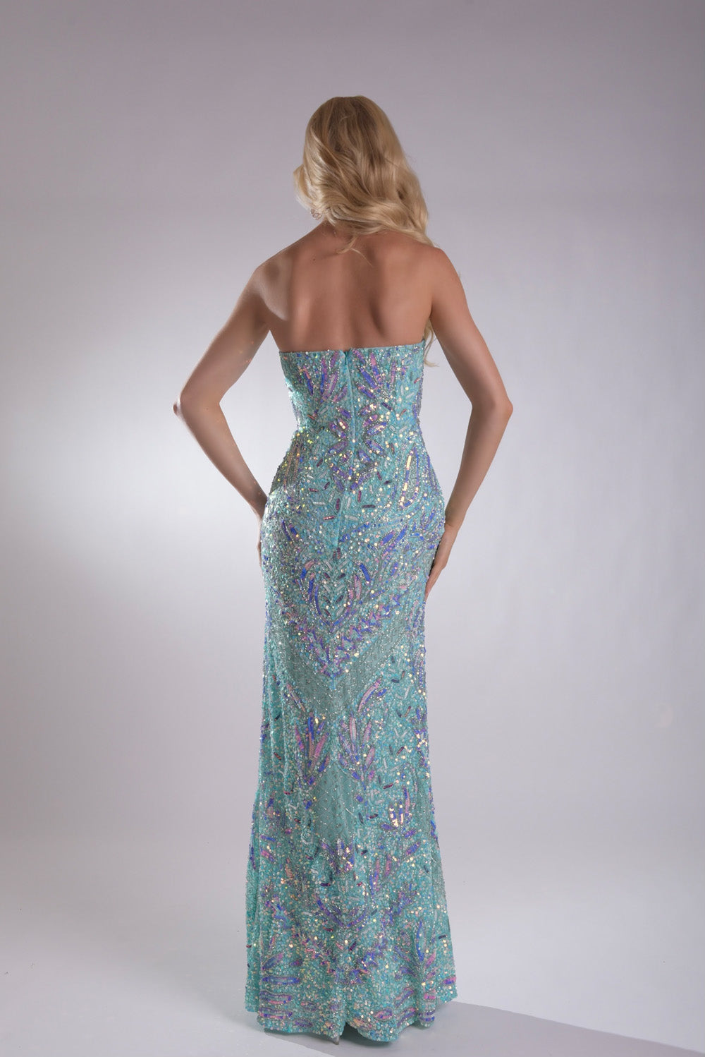 Jasz Couture 7959 Mint satin mermaid prom dress with intricate sequins and a stunning back view.