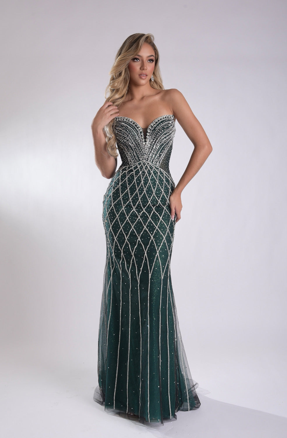 Jasz Couture 7962 Emerald satin mermaid prom dress with intricate beading, front view.