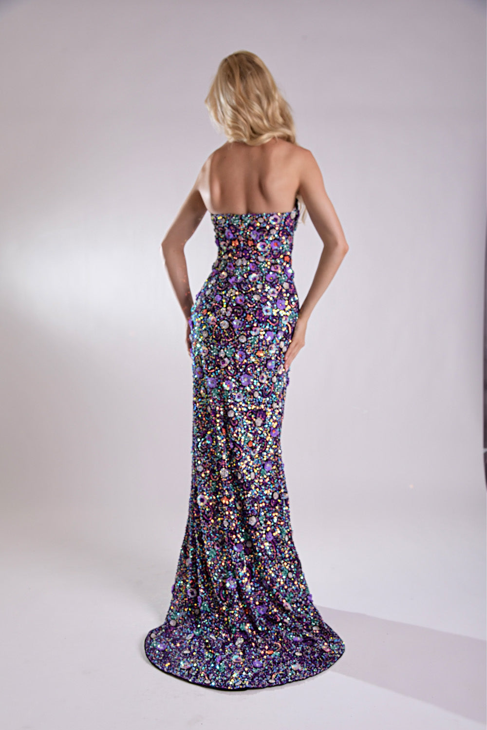 Jasz Couture 7964 Black multi mermaid prom dress with a stunning lace-up back detail.