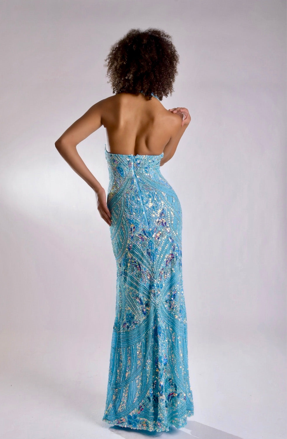 Jasz Couture 7967 Aqua satin mermaid prom dress with intricate beading, back view.