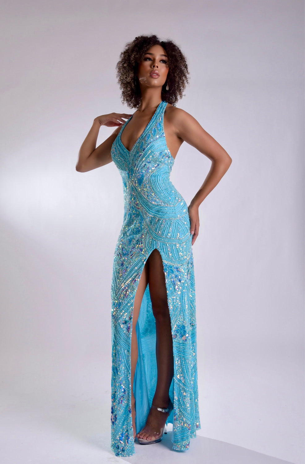 Jasz Couture 7967 Aqua satin prom dress with a high slit and intricate beading, front view.