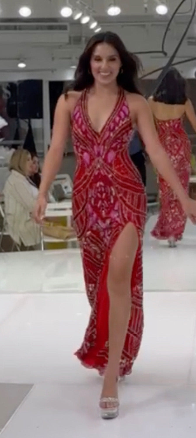 Jasz Couture 7967 Red mermaid prom dress with intricate beading and a thigh-high slit, front view.