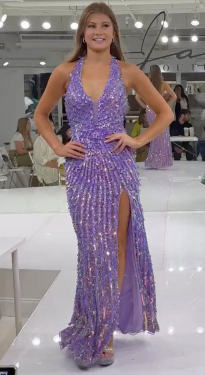 Jasz Couture 7974 Lilac mermaid prom dress with a thigh-high slit and shimmering sequins, front view.