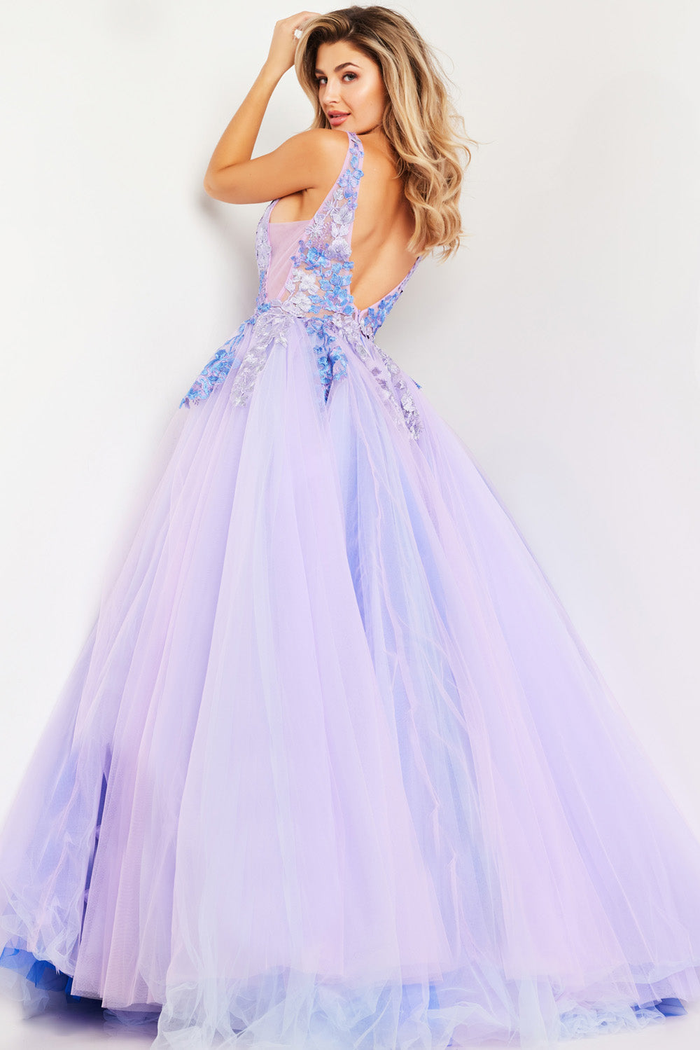Jovani 24602 Lilac multi formal gown with a fitted bodice and open back design.