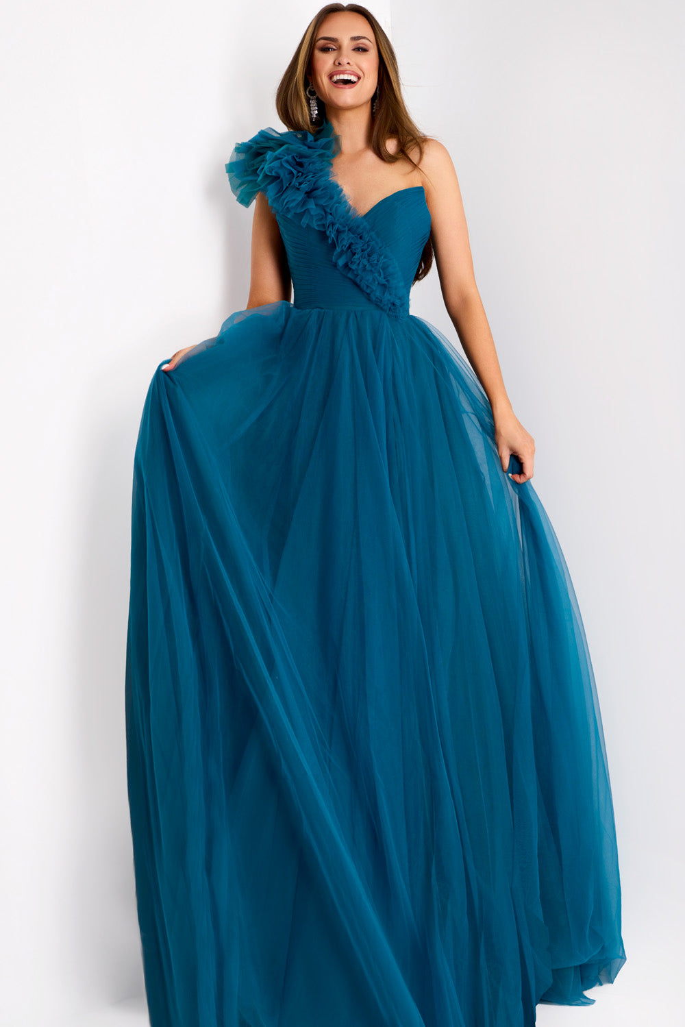 Jovani 25919 Teal prom dress with a fitted bodice and ruffled one-shoulder detail.